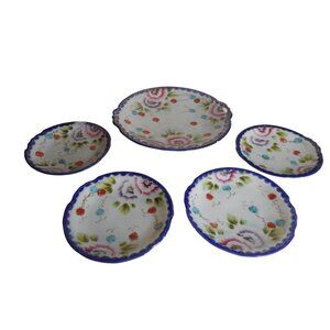 Antique Nippon Hand painted Floral Berries Blue desert plates and Platter set